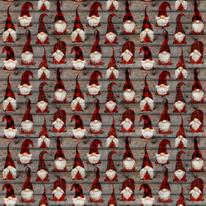 RED BUFFALO PLAID GNOMES on dark wood - small scale