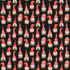 Red Watercolor gnomes on dark grey linen -small scale