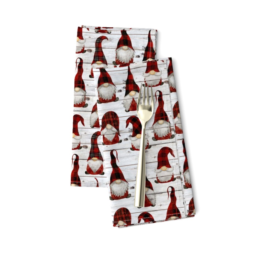 RED BUFFALO PLAID GNOMES on white wood -small scale