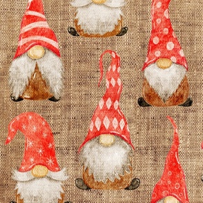 Red Watercolor gnomes on burlap -small scale
