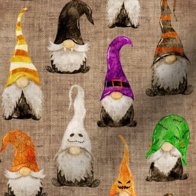 Halloween Gnomes on burlap - small scale