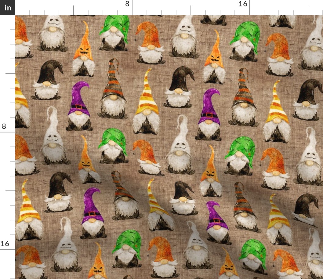Halloween Gnomes on burlap - small scale