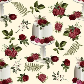 8" Cake Stand_Burgundy Floral Pattern Winter White Background