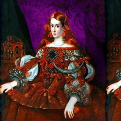 red brown purple long hair long chandelier earrings pearl floral embroidery baroque queen princess royal portraits gowns dress  crowns coronation puff sleeves bows black diamond brooch pins clip off shoulder curtains castle palace gown 17th century histor