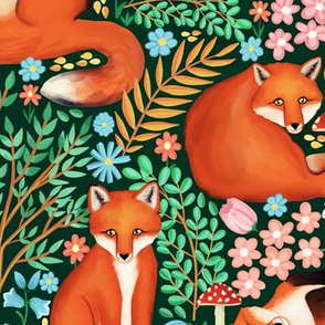  Little Foxes in a Fantasy Forest on Dark Green