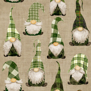 Green Plaid Gnomes on camel Linen -large scale