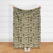Green Plaid Gnomes and snowflakes on camel Linen -large scale