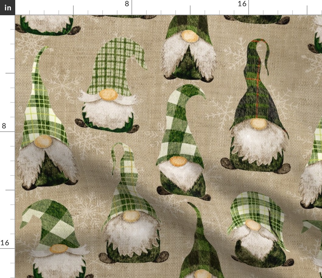 Green Plaid Gnomes and snowflakes on camel Linen -large scale