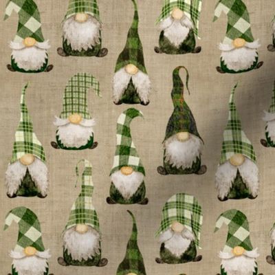 Green Plaid Gnomes on camel Linen -small scale