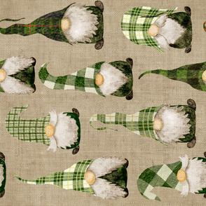 Green Plaid Gnomes on camel Linen rotated - large scale