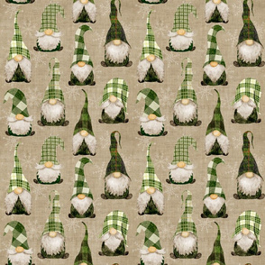Green Plaid Gnomes and snowflakes on camel Linen -medium scale