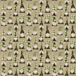 Green Plaid Gnomes and snowflakes on camel Linen -small scale