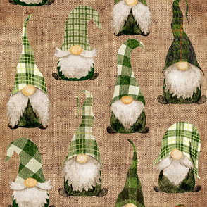 Green Plaid Gnomes on burlap - large scale
