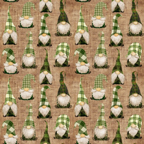 Green Plaid Gnomes on burlap - medium scale