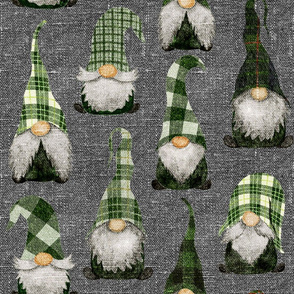 Green Plaid Gnomes on grey linen - large scale