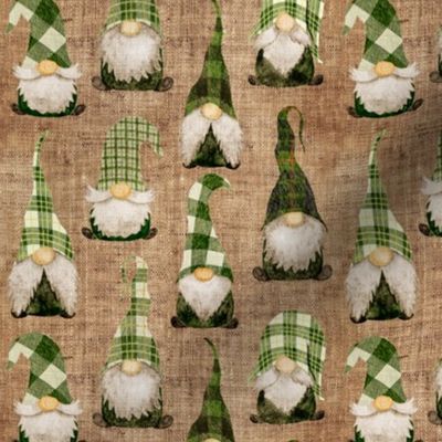 Green Plaid Gnomes on burlap - small scale