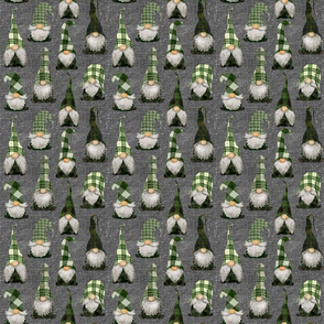 Green Plaid Gnomes on grey linen - small scale