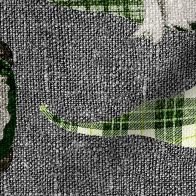 Green Plaid Gnomes and snowflakes on grey linen rotated - large scale