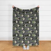 Green Plaid Gnomes and snowflakes on grey linen rotated - large scale