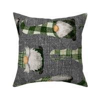 Green Plaid Gnomes and snowflakes on grey linen rotated - large scale