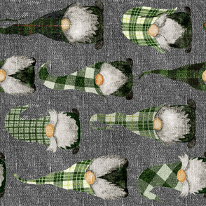 Green Plaid Gnomes and snowflakes on grey linen rotated - large scale