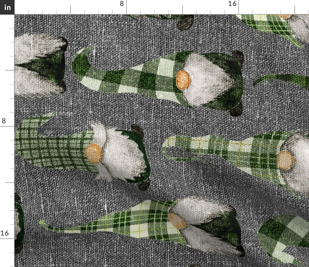 Green Plaid Gnomes and snowflakes on grey linen rotated - large scale