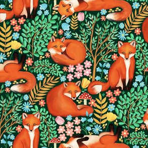  Little Foxes in a Fantasy Forest on Dark Green - Small