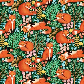  Little Foxes in a Fantasy Forest on Dark Green - Tiny