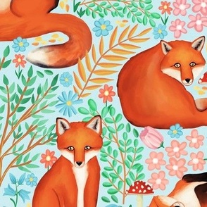  Little Foxes in a Fantasy Forest on Blue