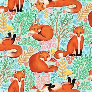  Little Foxes in a Fantasy Forest on Blue - Small