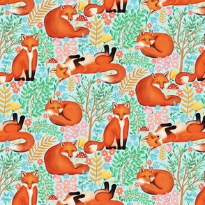  Little Foxes in a Fantasy Forest on Blue - Tiny