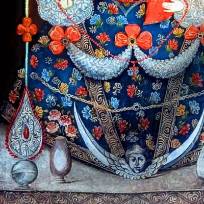 1 Jesus Christ Virgin Mary Christianity Catholic religious mother Madonna child baby motherhood halo floral flowers gown dress embroidery blue red bows candles angels cherub wings lace festoon swag garland beautiful lady woman Victorian 17th century 18th 