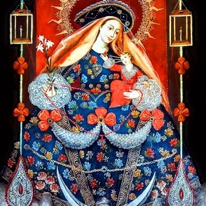 1 Jesus Christ Virgin Mary Christianity Catholic religious mother Madonna child baby motherhood halo floral flowers gown dress embroidery blue red bows candles angels cherub wings lace festoon swag garland beautiful lady woman Victorian 17th century 18th 