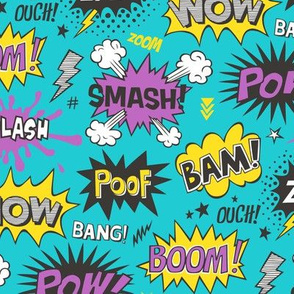 Superhero Comic Pop art Speech Bubbles Words Purple Yellow on Teal Blue