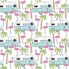 small trailers flamingos and palm trees
