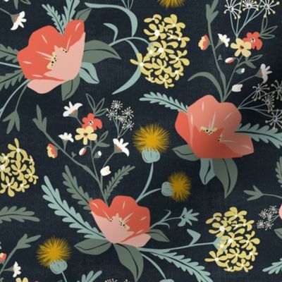 Poppy Meadow - Midnight Blue Coral Floral Regular Scale