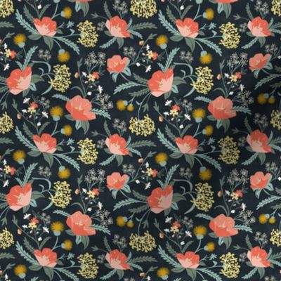 Poppy Meadow - Midnight Blue Coral Floral Small Scale