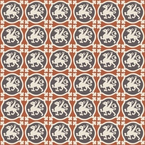 medium medieval tile griffins, clay red with borders