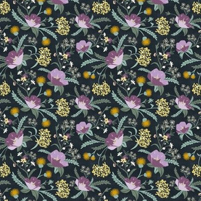 Poppy Meadow - Midnight Blue Purple Floral Small Scale