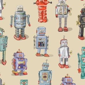 Valerie Hamill Retro Robots pattern in cream 