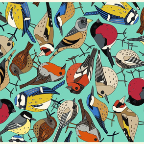 winter garden birds turquoise tea towel