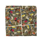 winter garden birds olive tea towel