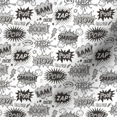 Superhero Comic Pop art Speech Bubbles Words Black & White Grey Smaller Tiny 1,5 inch height