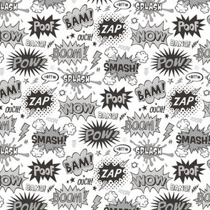 Superhero Comic Pop art Speech Bubbles Words Black & White Grey Smaller Tiny 1,5 inch height