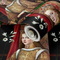 Middle ages medieval 15th century princess queen gold gown dress crowns tiaras lily flowers white yellow gold embroidery long blond hair gems jewels ruby rubies pearls historical royal portraits coat of arms beautiful woman lady vintage throne antique fur