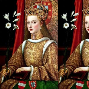 Middle ages medieval 15th century princess queen gold gown dress crowns tiaras lily flowers white yellow gold embroidery long blond hair gems jewels ruby rubies pearls historical royal portraits coat of arms beautiful woman lady vintage throne antique fur