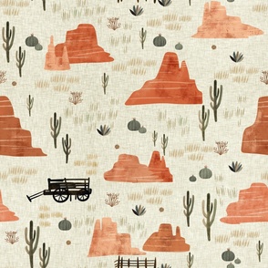 Whimsical wild west - Red canyon in green linen Large - nursery wallpaper - western decor