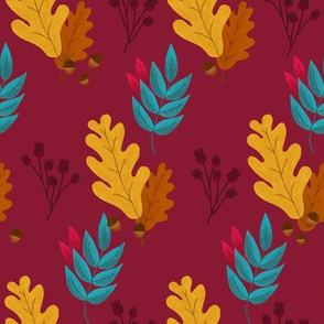 Golden Oak Leaves and Acorns - Burgundy BG - Larger Scale