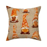 Fall Gnomes with Pumpkins_ Leaves and Acorns on Camel Linen - large scale