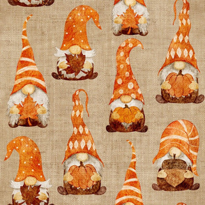 Fall Gnomes with Pumpkins_ Leaves and Acorns on Camel Linen - large scale